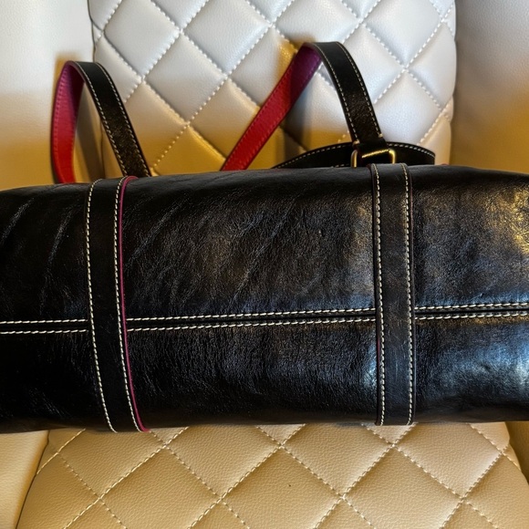 Black Leather Dooney and Bourke Women's Bag with bright pink Heart Accents - Picture 6 of 10
